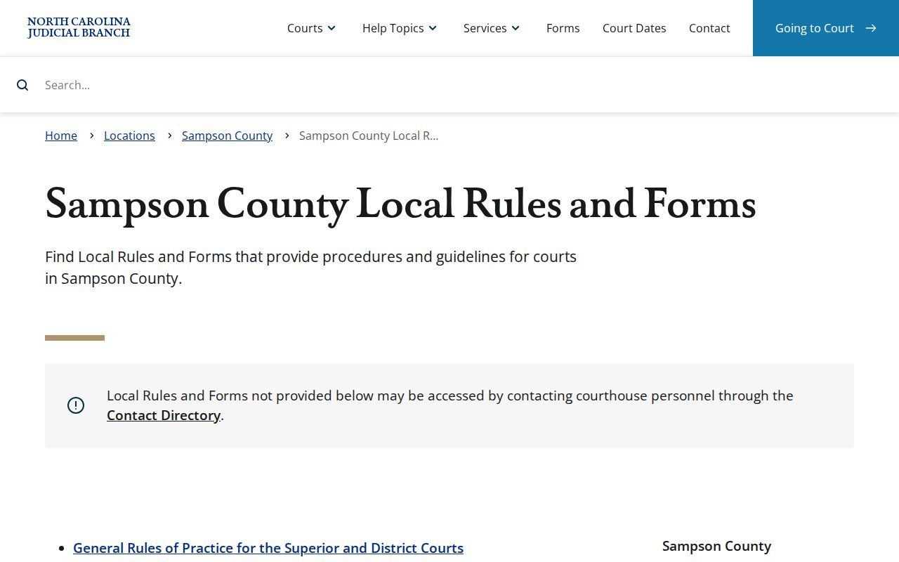 Sampson County civil docket local rules and calendar forms