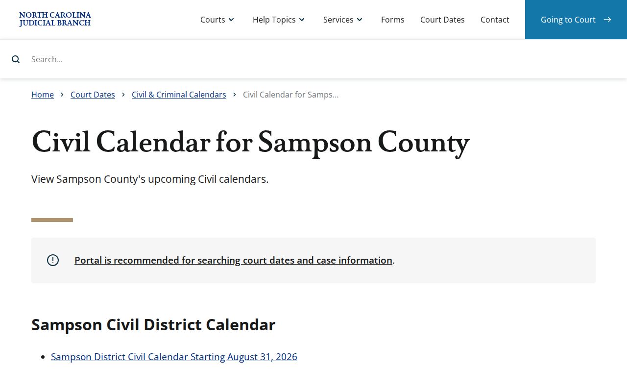 Sampson County court calendar civil results reference