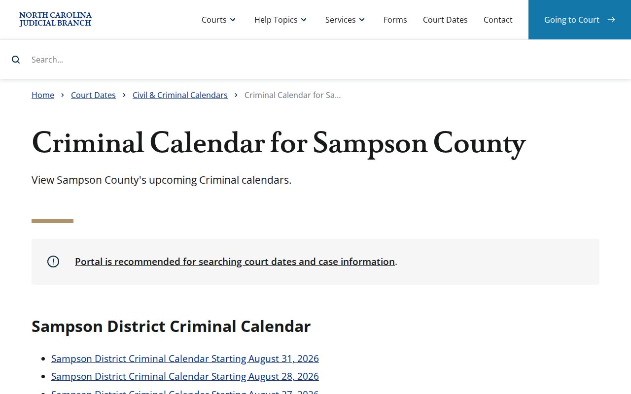 Sampson County court calendar criminal results reference