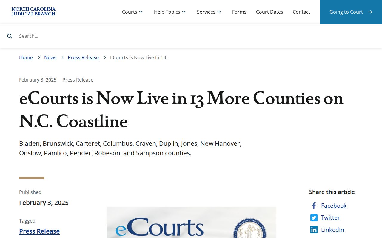 Sampson County court docket February 2025 eCourts launch announcement
