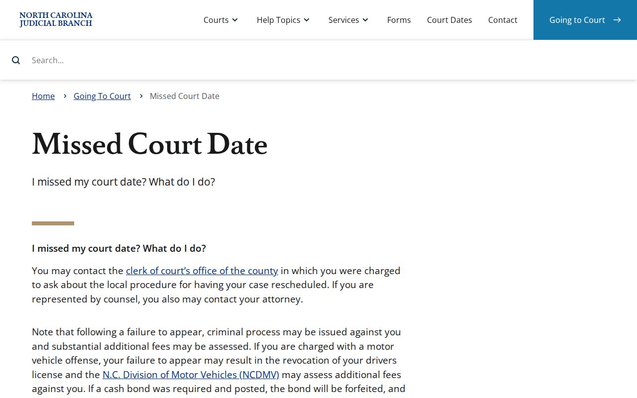 Sampson County traffic court records missed court date guidance